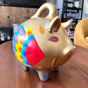 Hand Painted Golden Piggy Bank - Flying Pig